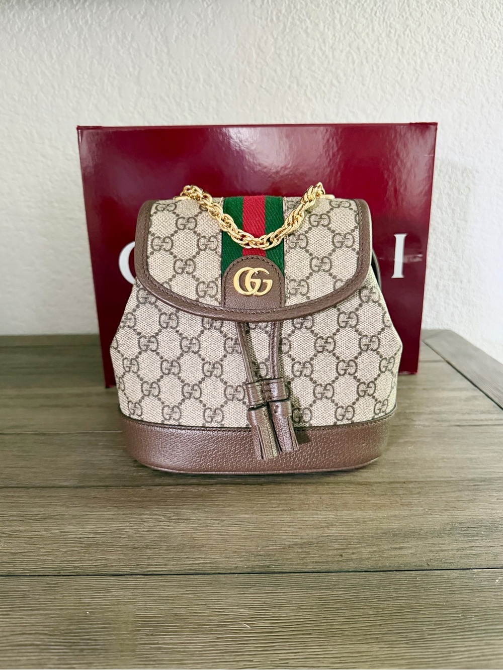 Gucci Beige Brown GG Canvas Mini Backpack with Green-Red Web and Gold Hardware